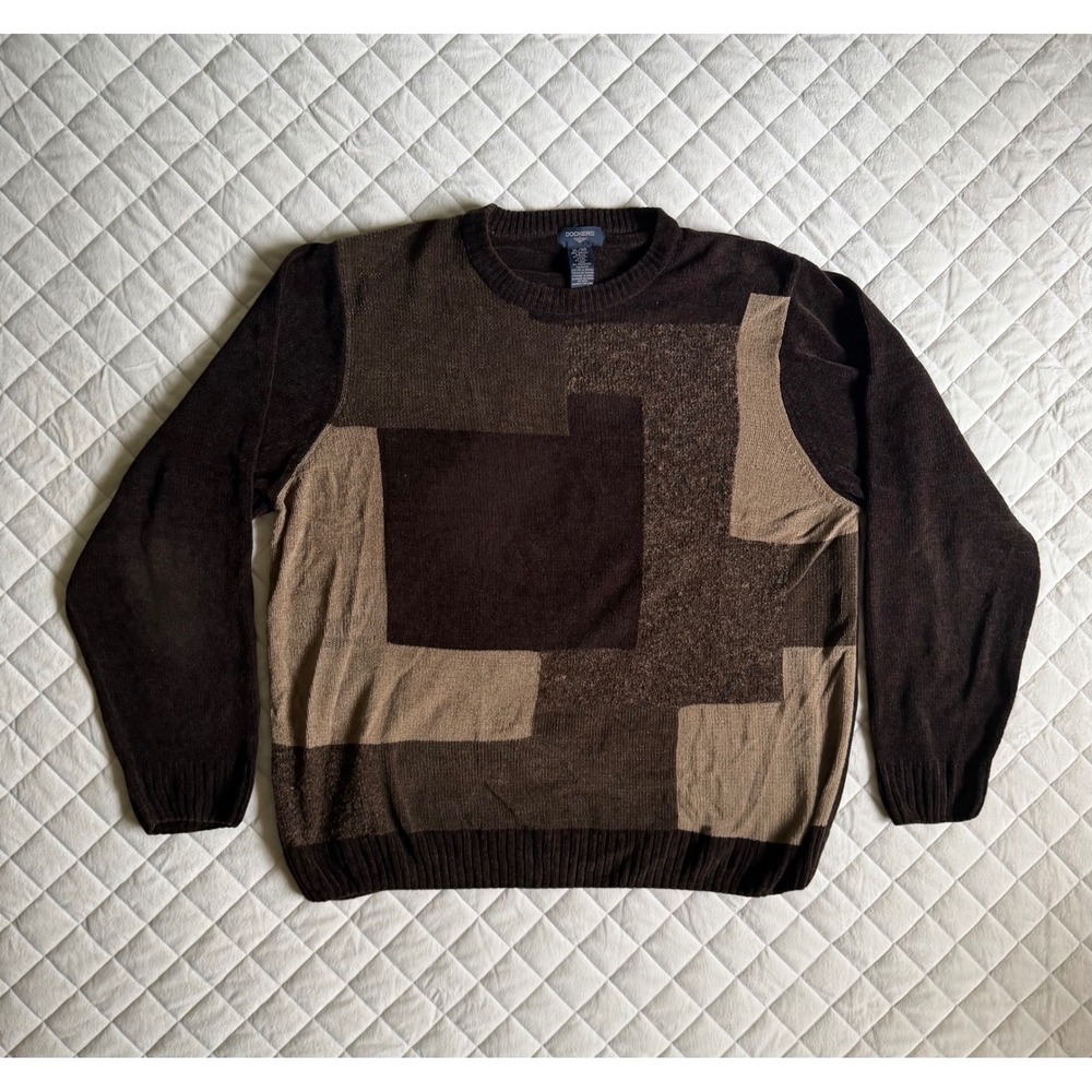 Y2K VTG Docker's chenille Sweater size XL Brown Earth Tones Classic Grandpa
